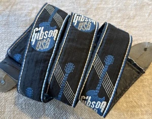 Gibson Guitar Strap Woven Blue & Black Guitar with Leather Backing - Picture 1 of 8