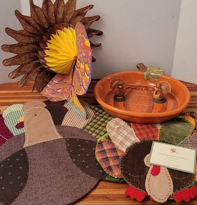 Thanksgiving Pottery Barn Kids Placemats Avon Turkey S&P Shakers Pumpkin Dish - Image 1 of 4