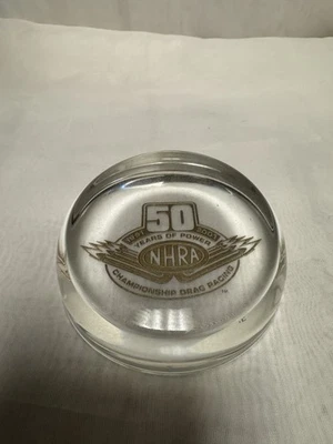 NHRA 50 Year Commemorative Gold Foil Inlay Glass Paper Weight 3 5/8 X 1 1/2 - Image 1 of 4