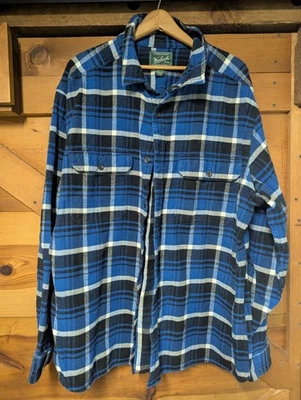 Woolrich Vintage Heavy Flannel Cotton Plaid Button Down XXL Blue Elbow Patch - Image 1 of 4