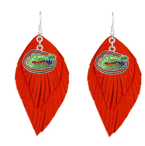 Florida Gators Orange Blue Boho Leather Feather Wire Earrings Jewelry Gift UF Cover