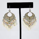 Chandelier Earrings Shells and Wood Beads Gold Tone Metal Wire Hooks