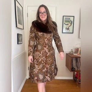 60s Vintage Tapestry Coat with Fur Collar - Picture 1 of 15