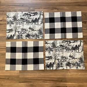 Lot of 4 Fabrc Place Mats Winter Snow Scene Black White Plaid Dinning Room 18x14 - Picture 1 of 6