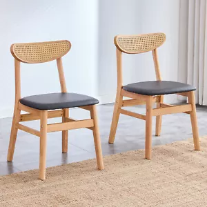 2Set Retro Wood Dining Chairs PU Leather Padded Upholstered Side Chairs Natural - Picture 1 of 9