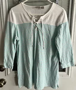 Chicos Top White Lace Up Neck Turquoise Stripe Sz 2 (L) EUC EXCELLENT 3/4 Sleeve - Picture 1 of 5