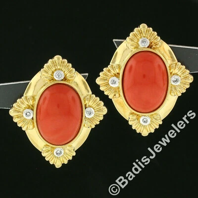 18k Gold GIA Cert. Oval Cabochon Coral & Round Diamond Omega or Clip On Earrings - Image 1 of 4