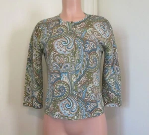 LORD & TAYLOR CASHMERE GREEN/ BLUE PAISLEY 3/4 SLEEVE CARDIGAN SWEATER, SIZE M - Picture 1 of 10