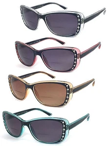 Bifocal Reading Sunglasses Glasses Rhinestone Women Cat Eye Rectangle Power Tint - Picture 1 of 10