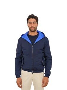 $3400 ISAIA NAPOLI Blue Reversible Hooded Bomber Jacket Wool Blend 40 US 50 EU - Picture 1 of 12