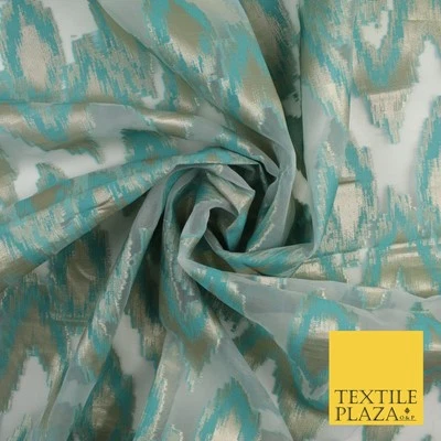 Sea Green Beige ZigZag Retro Metallic Abstract Textured Organza Fabric 9913 - Image 1 of 4