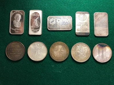 Lote de 10 barras redondas de plata vintage de 1 oz colección Inc Engelhard Foto 1 de 4