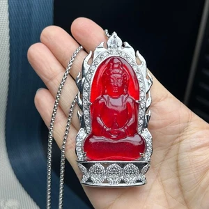 luckly Nature inlay ice red Burmese Jade Jadeite Kwan-yin Pendant&Necklaces - Picture 1 of 9