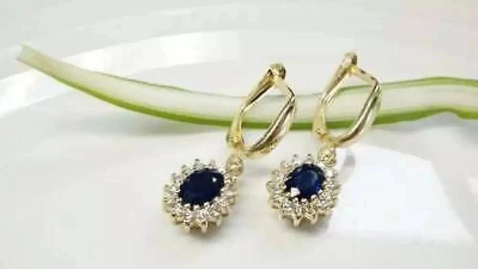 3.50Ct Oval Cut Lab Created Blue Sapphire Drop/Dangle Earring 14K Yellow Gold Fn - Image 1 of 4