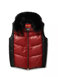 Men's Red & Black Real Sheepskin Leather Bubble Vest Real Fox Fur Collar Vest - Picture 1 of 3