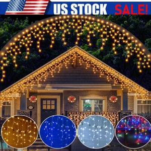 96 LED Hanging Icicle Curtain Lights Garden Xmas US String Wedding Lamp - Picture 1 of 12