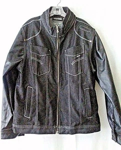 Mo7 Men’s Black Denim Jacket/ Faux Leather Sleeves Zip up Hip Hop size XL - Picture 1 of 5
