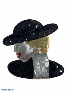 "Vogue Dama en Negro Sombrero Lentejuelas Bordado Apliques 6"" X 7.5""" - Imagen 1 de 2