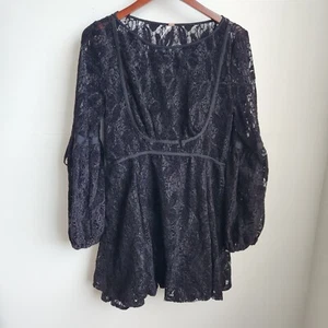 Free People Black Lace Mini Dress M Long Sleeve Sheer Romantic Goth Grunge - Picture 1 of 13