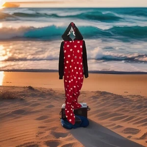 NEU! Damen Minnie Mouse Jumpsuit mit Kapuze rot mit weißen Tupfen Fleece Größe M - Bild 1 von 22