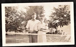 Antique Vintage Photograph Man & Woman Standing by Net w/ Tennis Rackets - Picture 1 of 2