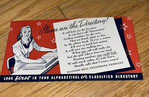 Vintage ILLINOIS BELL TELEPHONE COMPANY BLOTTER "Please use the Directory!" - Picture 1 of 4