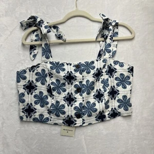 Agua Bendita Target Crop Top Women’s Sz Large Turquoise Cream Floral Tile NEW - Picture 1 of 8