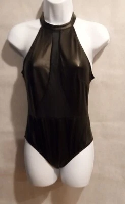 BLACK FAUX LEATHER WITH SHEER INSET BODYSUIT; TANK STYLE SHOULDERS (SM) - Image 1 of 2