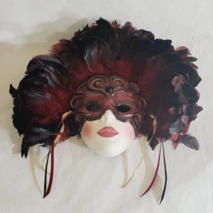 Vtg Woman Ceramic Wall Masquerade Dark Red Feathers Glamorous Décor 12x10 Mask - Picture 1 of 5