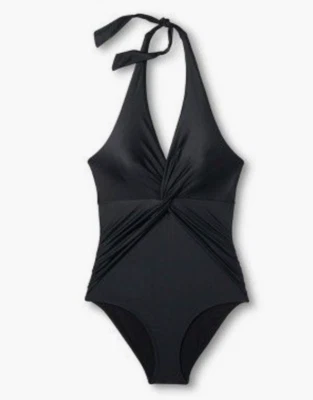 NEW Knox Rose Drapery Twist-Front Plunging Halter One-Piece Swimsuit - BLACK XS Foto 1 de 3