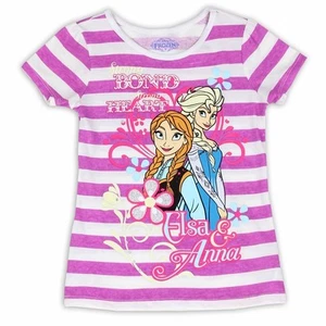 Disney Frozen Girl's Strong Bond Purple Striped Glitter Short Sleeve T-Shirt - Picture 1 of 1