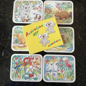 VINTAGE KOALA BEAR RICHARD GALBRAITH AUSTRALIAN ADVENTURE ART COASTER SET OF 6  - Picture 1 of 3
