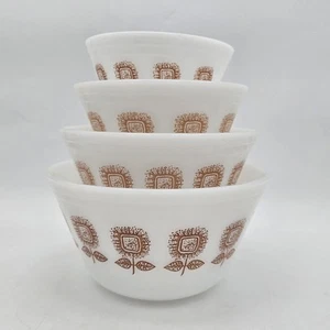 Federal Oven Ware Nesting Mixing Bowl Set Milk Glass brown sunflower vintage 4 - Picture 1 of 24