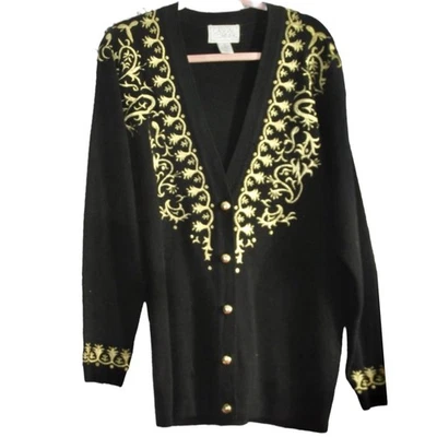 CASUAL CORNER Women’s L  Lack Cardigan Sweater Gold Embroidery Wool Blend - Image 1 of 4