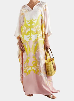 Luxury Soft Satin Silk  Kaftan, women's African Casual Printed Kaftan J5623 - Image 1 of 4