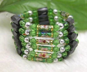 Green Cloisonne Bracelet for Women with Hematite Magnetic Green Crystal Long 29" - Picture 1 of 5