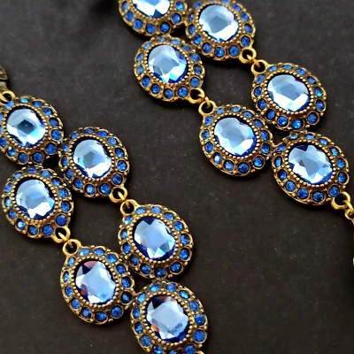 Michal Negrin Earrings Sparkly Royal Blue Crystals Long Statement Runway Party - Image 1 of 4