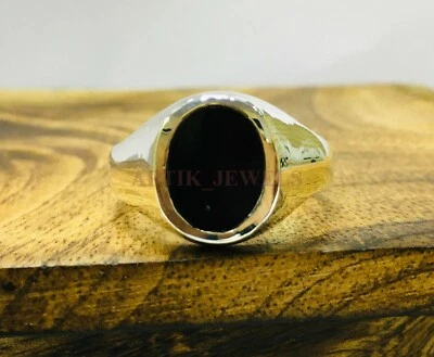 Anello In Argento Sterling 925 Con Gemma In Onice Nero Naturale Per Uomo #1172 - Immagine 1 di 4