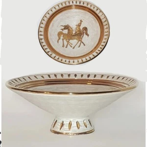 Vintage Fratelli Fanciullacci 10" Sgraffito Pedestal Bowl- Gilded Horses Pair - Bild 1 von 12