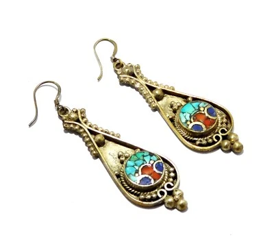 Tibetan Earrings Turquoise Gemstone 925 Silver Plated Nepali Handmade Jewelery - Image 1 of 3