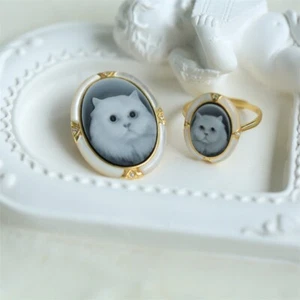 Set F18 Gatto Bianco Perla Agata Nera Ciondolo Anello Argento 925 - Imagen 1 de 6
