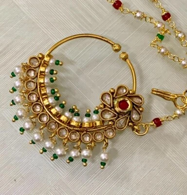 Gold tone non pierced polki, pearl bead nose rings with chain free shipping Foto 1 de 2