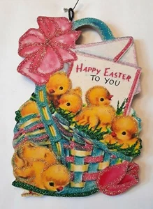 COLORFUL BASKET of YELLOW CHICKS * Glitter EASTER ORNAMENT * Vtg Img - Picture 1 of 1