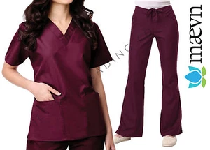 Maevn Women's Wine Scrub Set 2 Pocket V-Neck Top Flare Leg Pants Size 2XS to 2XL - Picture 1 of 1