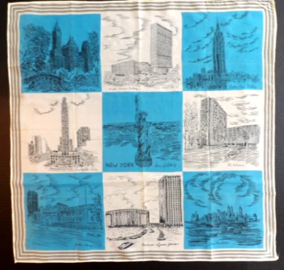 Vintage 1950-60s NEW YORK CITY Landmarks Souvenir Scarf 27.5" Blue White Gray - Image 1 of 4