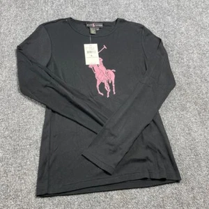 Women's Black Slim Fit Pink Pony Long Sleeve Crew Neck Casual T-Shirt Size L - Picture 1 of 18
