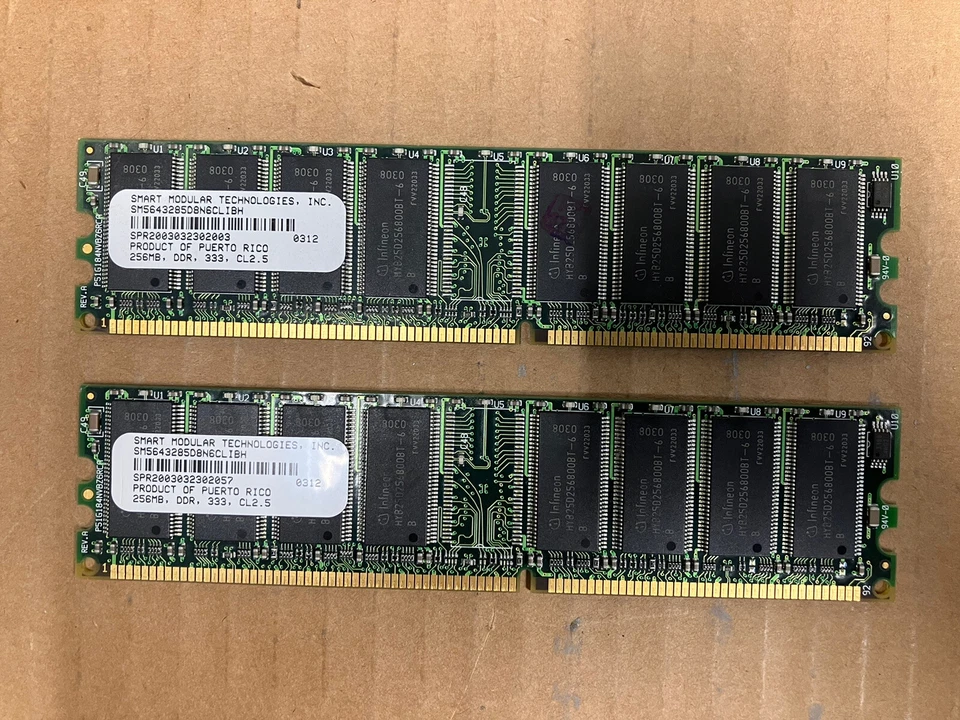~ 2x Smart Modular SM5643285D8N6CLIBH HP 256MB PC2700U 333MHz DDR1 Memory RAM - Image 1 of 3