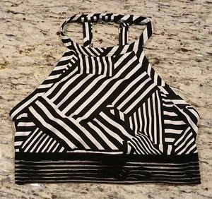 Victoria Sport Bra Small Black White Stripe Sporty Mock Neck Mesh Lined Wireless - Picture 1 of 13