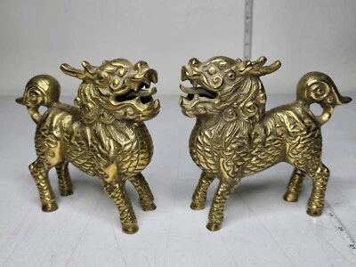 Par de estatuas antiguas chinas de latón Qilin Kirin dragón león bestia mítica 5" Hea Foto 1 de 4