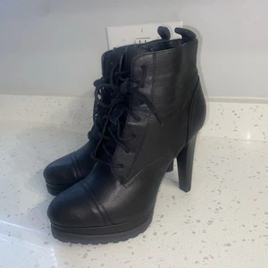 Womens Forever 21 Black Faux Leather Lace Up High Heel Boots Size US 7 - Picture 1 of 5